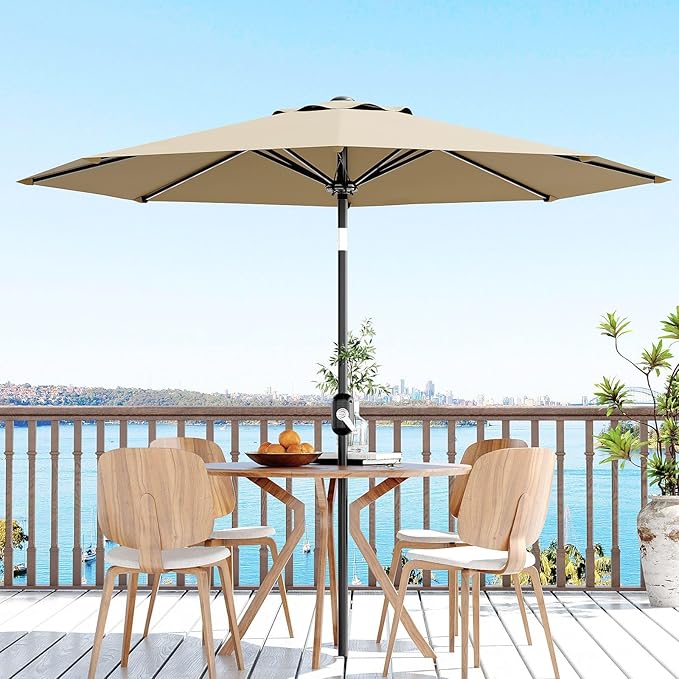 10FT Outdoor Patio Market Umbrella, 8 Sturdy Ribs Table Umbrella with Crank Lift & Push Button Tilt, UV Protection Waterproof for Pool, Deck, Yard, Garden, Tan