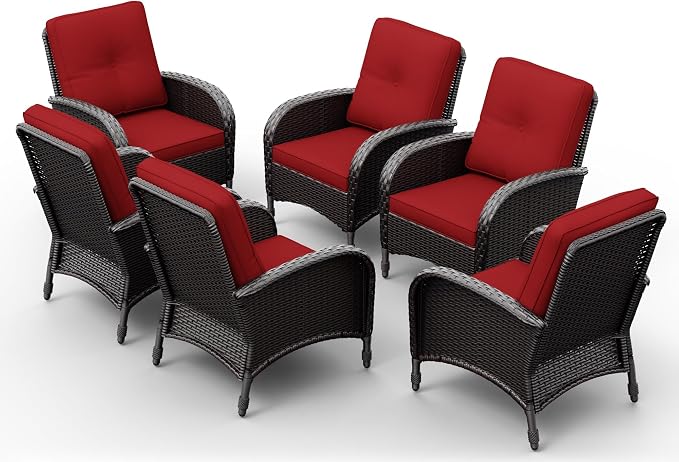 Joyside Wicker Patio Chairs, 6 Piece Rattan Outdoor Furniture with Thickened Cushions, High Back, Deep Seating, Wide Armrest, Outdoor Chairs for Porch, Deck