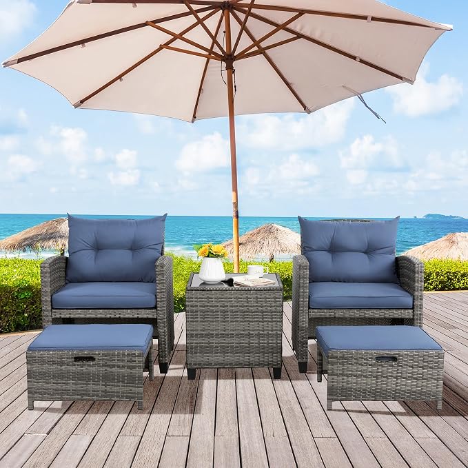 Vongrasig 5 Piece Patio Furniture Set, Small Balcony Furniture, PE Wicker Rattan Patio Chairs Set of 2, Outdoor Lounge Chairs with Cushions Ottomans &Glass Table for Porch Garden(Navy Blue)