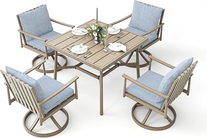 5-Piece Outdoor Dining Set for 4, Aluminum Patio Dining Set with Cushions, 4 Swivel Chairs with Rope Backrest, Square Table with Umbrella Hole, Patio Dining Set for Lawn Porch Backyard, Brown