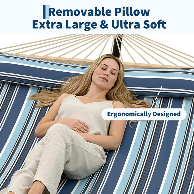 Garvee Double Quilted Fabric Hammock with Hardwood Spreader Bars and Pillow 450 LBS Capacity 2 Person Large Hammock for Outdoor Patio Backyard Poolside(Dark and Light Blue Stripes)