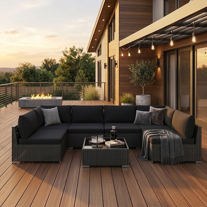 KIGOTY 7-Piece Patio Furniture Set, All-Weather PE Rattan Outdoor Sectional Sofa, Modular Wicker Conversation Set with Thick Washable & Easy-Clean Coffee Table(Black/Black-X)