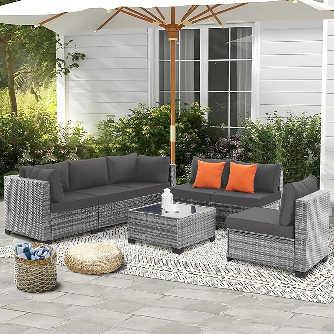 FHFO 7 Piece Outdoor Wicker Patio Furniture Set, Grey/Dark Grey | Sectional Sofa | All-Weather Hand-Woven Rattan | Tempered Glass Coffee Table | Free Combination | Indoor & Outdoor Use