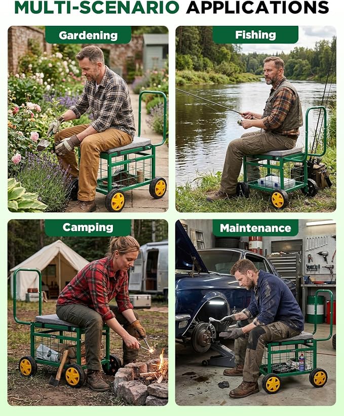 Saker Rolling Garden Cart with Seat & Wheels 15.7" EVA Padded Stool 500lb | Steel Frame,Storage Basket, Basic Version, for Patio, Lawn, Yard – Mobile Workseat for Gardening Tasks (Basic Version)