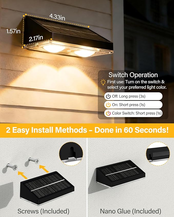 Solar Fence Lights Outdoor, 6 Pack Ultra-Bright 85LM Fence Lights Solar Powered, 9 RGB Color Modes, IP65 Waterproof, 12H Dusk to Dawn Glow for Pool/Deck/Patio/Wall/Backyard - Black