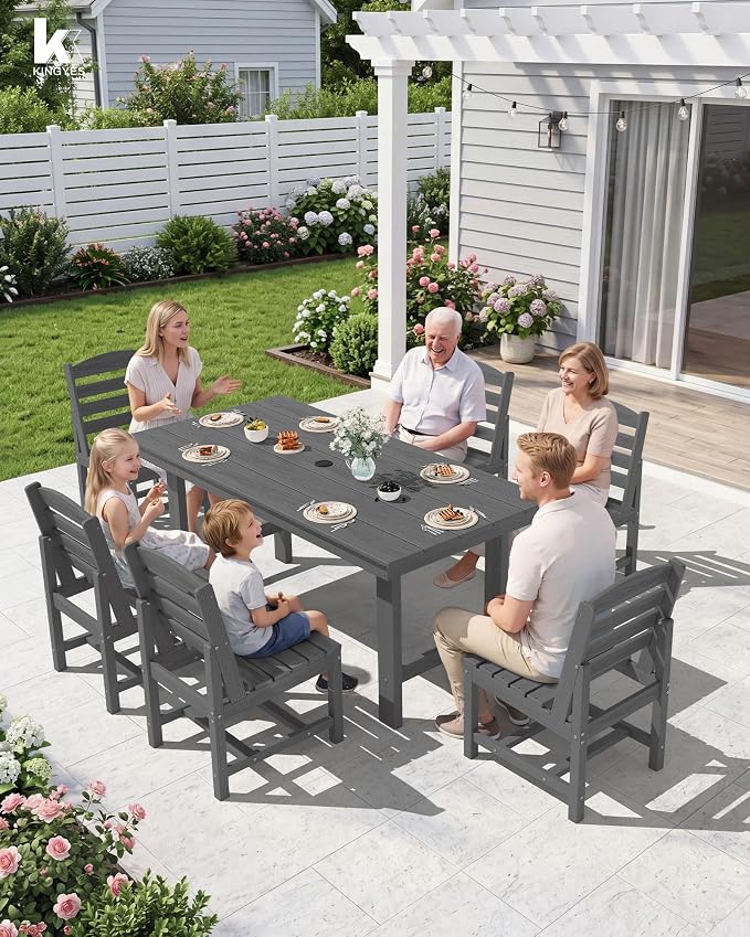 KINGYES 7-Piece Patio Dining Set, HDPE Table and Armless Chairs Outdoor Furniture Set with Umbrella Hole, Gray