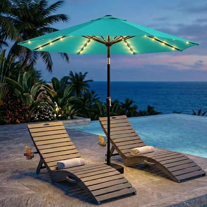 Kingdura 10FT Outdoor Patio Umbrella with Solar Lights, Market Table Umbrella with Push Button Tilt & Crank, 8 Sturdy Ribs, 32 LED Lights, UV Protection for Garden Lawn Deck Backyard Pool (Tiffany blue)