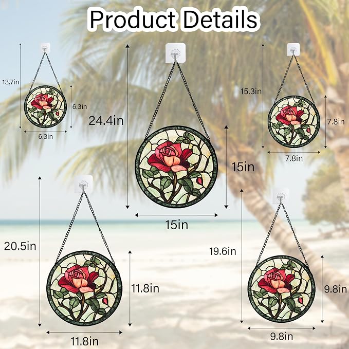 Stained Glass Window Hanging, Red Rose Flowers Sun Catcher for Door Garden Home Decor Suncatcher Christmas Mother's Day Birthday Gifts for Women Lovers Men Wife Girlfriend Mom Nana 9.8 in