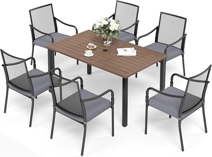 SUNSHINE VALLEY Patio Table and Chairs Set of 6, All-Weather Breathable Metal Mesh Patio Chair with Gourd-Shaped Armrests, 60x38 Wood-Like Table with Umbrella Hole, 7 Pcs Metal Frame Patio Dining Set
