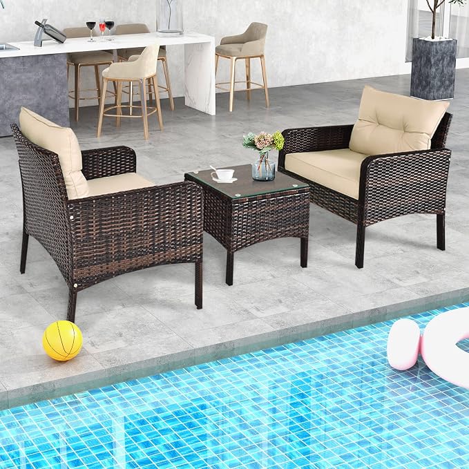 ORALNER 3-Piece Patio Conversation Set, All-Weather Wicker Sofa Chair and Coffee Table Set with Thick Cushions, Outdoor Furniture, Rattan Bistro Set for Balcony Deck Porch Poolside Garden (Brown)
