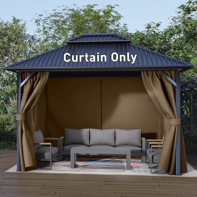 Aoodor 12x12 ft Outdoor Gazebo Curtains, 4 Panels Waterproof Privacy Sidewall Replacement with Zipper for Patio Pergola and Canopy, Light Coffee