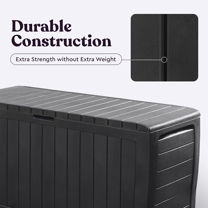 71 Gallon Outdoor Deck Box with Wood-Look Texture, Weatherproof Resin Storage Container for Patio Cushions, Graphite