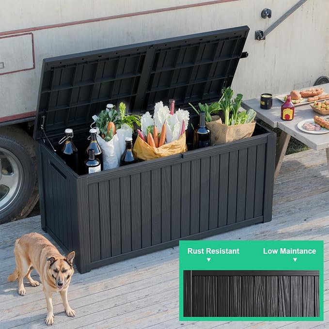 ROJIK Outdoor Storage Housing Deck Box - Waterproof Patio Furniture, Garden Tools, Cushions, Pool Accessories Storage Bench with Lockable Lid and Side Handles (Black, 200 Gal)