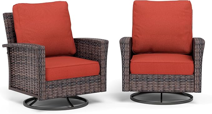 SUNSHINE VALLEY Patio Wicker Swivel Chairs Set of 2, Outdoor High Back Chairs with 5.5" Waterproof Cushions, Outdoor Furniture Set for Deck Porch and Yard, Red