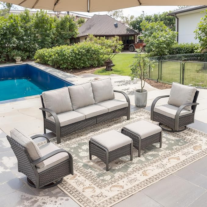 Belord Outdoor Swivel Rocker Patio Chairs Set of 2, 3 Piece Wicker Patio Bistro Set with Metals Side Table and Comfort High Back 4" Cushion Outdoor Patio Glider Chair for Balcony Deck Porch