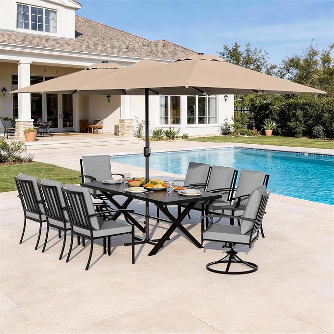 10 Pieces Patio Dining Set with Brown Umbrella,Outdoor Furniture Set Includes Hole Cut-Out Table and 6 Metal Backrest Chairs and 2 Swivel Chairs for Backyard,Garden,Poolside,Grey