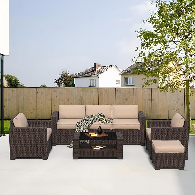 YLGJ&TIDY 7 PCS Outdoor Patio Wicker Furniture Set Sofa with Coffee Table | All Weather Rattan Woven Patio Conversation Set with Khaki Thicken Cushion and Tempered Glass Table for Garden Backyard