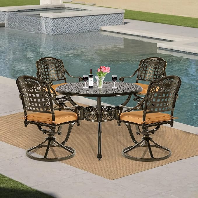 VIVIJASON 5-Piece Outdoor Patio Dining Set, All-Weather Cast Aluminum Conversation Set, Patio Furniture Set for Balcony Lawn Garden, Include 4 Swivel Chairs, a 38.5" Round Table w/Umbrella Hole