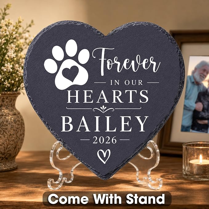Personalized Pet Memorial Stone, Forever in Our Hearts Dog Cat Memorial Garden Stone, Passing Away Sympathy Gift for Loss of Dog, Waterproof Natural Slate Remembrance for Indoor Outdoor