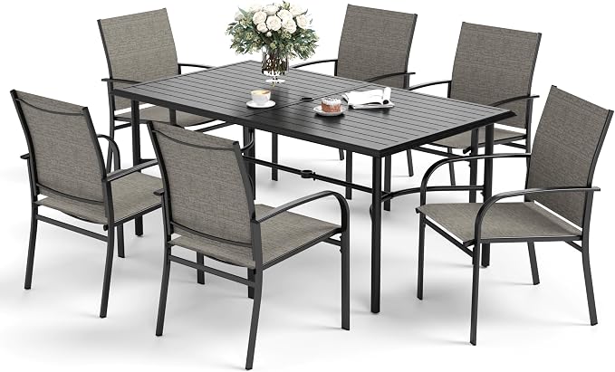 SUNSHINE VALLEY 7 Piece Patio Dining Set for 6, Rectangular Metal Dining Table with Umbrella Hole and 6 Chairs, Outdoor Table and Chairs Set for Lawn Backyard and Deck, Brown