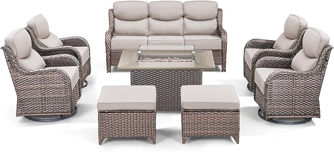Luxury Patio Furniture Set with Fire Pit Table-8 Pieces All Weather Outdoor Swivel Rocker Chairs with Sofa and Ottomans. Outdoors Patio Conversation Sets for Porch Deck Garden Backyard(Brown/Beige)