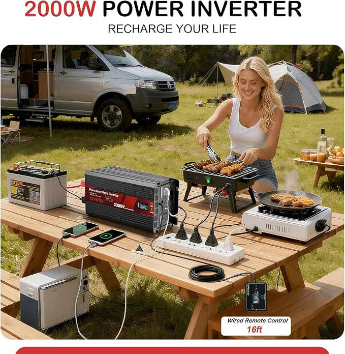 2000W Power Inverter 12V to 110V 120V AC Pure Sine Wave Inverter for RV Truck Camping,Outdoor Off-Grid Power Converter with LCD Display,Wired Controller,AC Outlets USB Port(12V-2000Watt)
