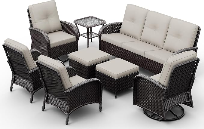 Joyside Wicker Patio Furniture Set, 8 Piece Outdoor Furniture Set with Thickened Cushions, High Back, Deep Seating, Wide Armrest, Outdoor Swivel Rocker Chairs for Porch, Deck