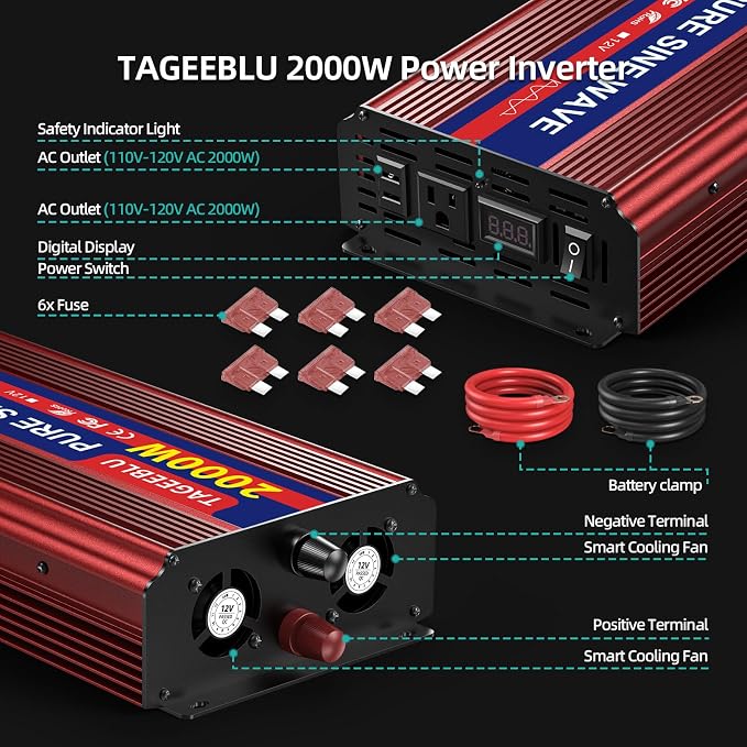 2000W Pure Sine Wave Inverter - 4000W Surge Peak, 12V DC to 110V AC Heavy Duty Power Inverter for RV, Truck, Home, Solar, Off-Grid, Outdoor, Car Converter with Dual AC Outlets and LCD Display