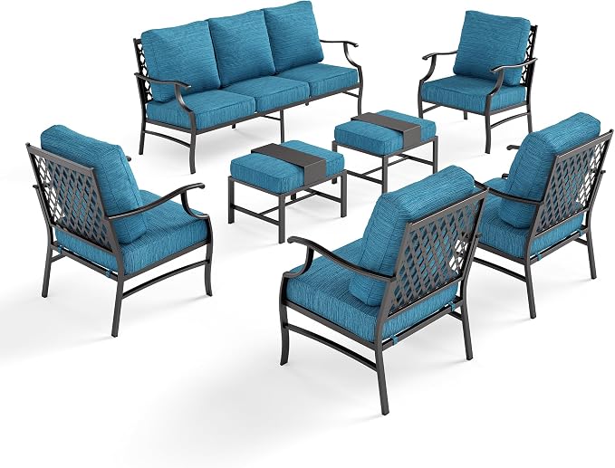 SUNSHINE VALLEY 7 Piece Metal Outdoor Patio Furniture Set, Patio Conversation Sets 3-seater Sofa, 4 Fixed Chair, 2 Ottomans with 5.75" Thick Cushion, Black All-weather Frame Backyard Furniture, Blue-2