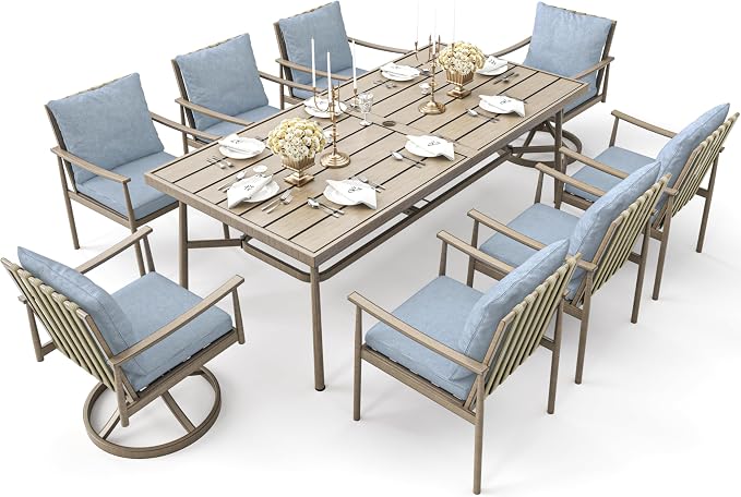 9-Piece Outdoor Dining Set for 8, Aluminum Dining Set with Cushions, 6 Dining Chairs and 2 Swivel Chairs with Rope Backrest,Large Rectangular Table with Umbrella Hole for Lawn Porch Yard,Brown