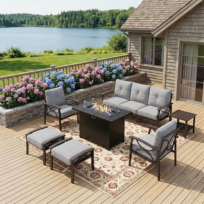 FansaFurn 7-Pieces Outdoor Patio Furniture Set with 43" Fire Pit Table, Outdoor Metal Sectional Sofa with Cushions, Outdoor Conversation Set for Garden, Balcony, Deck, Backyard, Grey