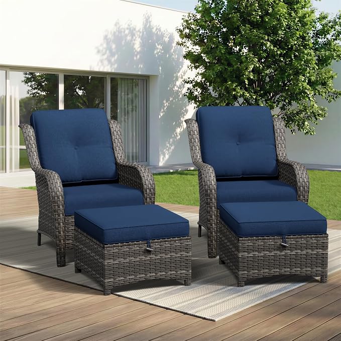 4 Piece Outdoor Wicker Patio Furniture Set, Patio Chairs Set with Thickened Olefin Cushions, High Back and Deep Seating, Hand-Woven PE Rattan, Ottoman for Porch, Deck, Blue