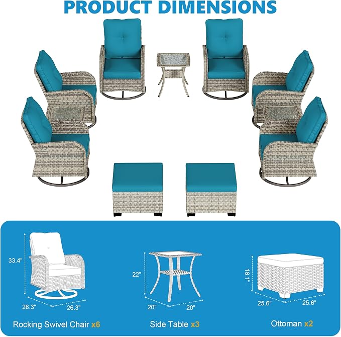 11-Piece Small Patio Furniture Set, Outdoor Swivel Rocking Chairs Set with Ottomans, Patio Bistro Set for Balcony, Deck, Porch, Lake Blue