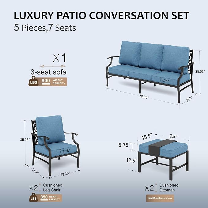 HERA'S HOUSE 5 Piece Patio Furniture Set, 2 x Leg Chair, 2 x Ottoman, 1 x 3-Seat Sofa, All Cushioned 7 Seats Metal Outdoor Conversation Set for Lawn Garden Backyard
