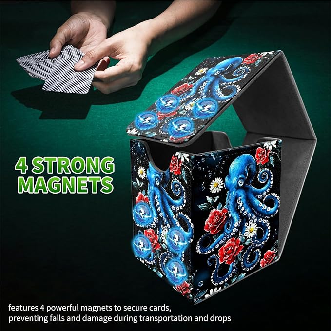 Rose Octopus Card Deck Box for MTG, Personalized Card Storage Case Fits 120+ Sleeved Cards, Premium Leather TCG Box with Strong Magnetic Closure for Magic, CCG, PTCG, Baseball Cards