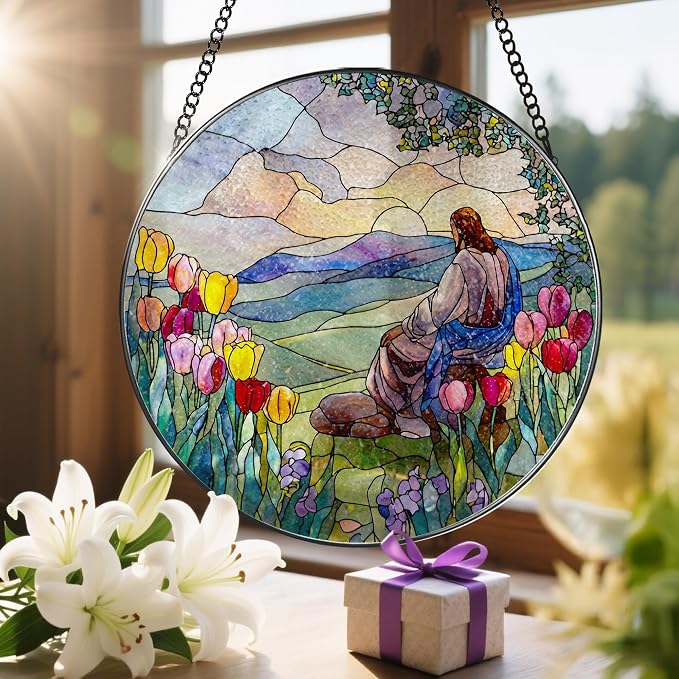 Stained Glass Suncatcher, Jesus and Sunrise Sun Catcher Ornament; Stained Glass Window Hanging, Christmas Ornament, Christian Home Decor; Baptism Gift, Christian Gifts, Religious Gifts