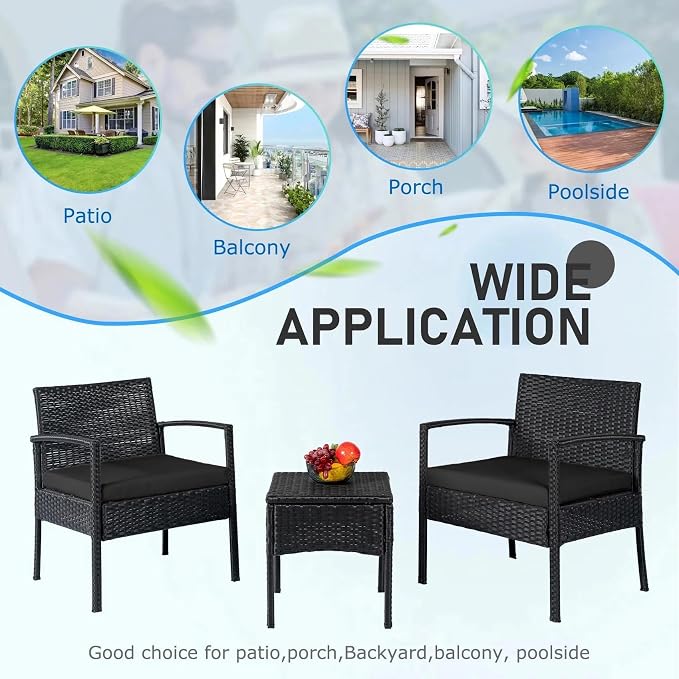 PROHIKER 3 PCS Patio Rattan Conversation Bistro Chairs Set, Outdoor Patio Furniture Wicker Bistro Set with Coffee Table for Garden Porch Balcony Yard Lawn, Black