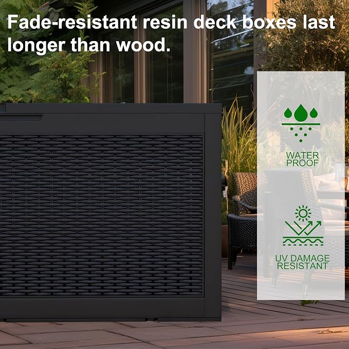 100 Gallon Outdoor Deck Box, Lockable Waterproof Outdoor Storage Boxes For Garden Tools,Indoor Cushions,Accessories Outside Storage Resin Weatherproof Container(Black)