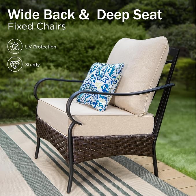 PHI VILLA Outdoor Patio Furniture Set,Premium Rattan Wicker Metal Patio Conversation Sets for Backyard w/Coffee Table, Seat Cushions