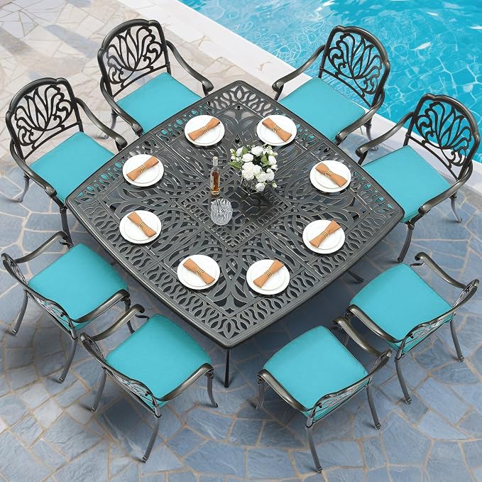 MEETWARM 9-Piece Outdoor Furniture Dining Set for 8, All Weather Cast Aluminum Patio Dining Set- Large 64" Square Table with Umbrella Hole, 8 Cushioned Chairs, Patio Table and Chairs Set, Ocean Blue