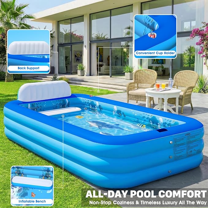 Extra Large Inflatable Pool with Lights,Upgraded Solar Powered Blow Up Pool for Adults,Inflatable Kids Swimming Pool with Seat& Backrest,Big Inflatable Kids Pool for Backyard,120x73x20IN-Blue