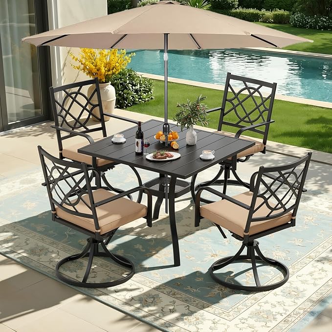 6 Piece Patio Dining Set Outdoor Furniture Set, Square Metal Patio Dining Table with Umbrella Hole & 9FT Patio Umbrella 4 Swivel Dining Chairs for Garden Lawn Yard