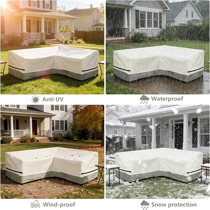 okcool Outdoor Sectional Sofa Cover Waterproof-V-Shaped Patio Furniture Covers for 7-Seater Outdoor Sectional Furniture Couch(105''X105''),White&Grayish Green