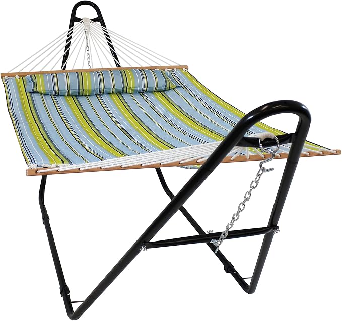 Sunnydaze Quilted Double Hammock with Stand for Outside - 440 lb Capacity Universal Black Steel Stand - UV Resistant, Quick Dry Fabric - Pillow, Chains, and Hardware Included - Blue and Green
