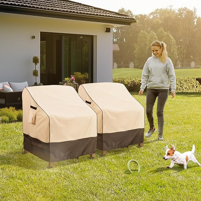 KylinLucky Extra Large Square Patio Chair Covers 2-Pack 40"x40"x36" 600D, Heavy Duty Waterproof Outdoor Chair Protectors with Full Security, Khaki