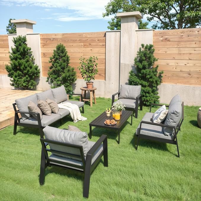 Aluminum Outdoor Patio Furniture Set, 5 Piece Sectional Coversation Sets with Coffee Table, Modern Outdoor Sofa Couch with Thick Cushions for Porch, Balcony, Garden, Dark Gray
