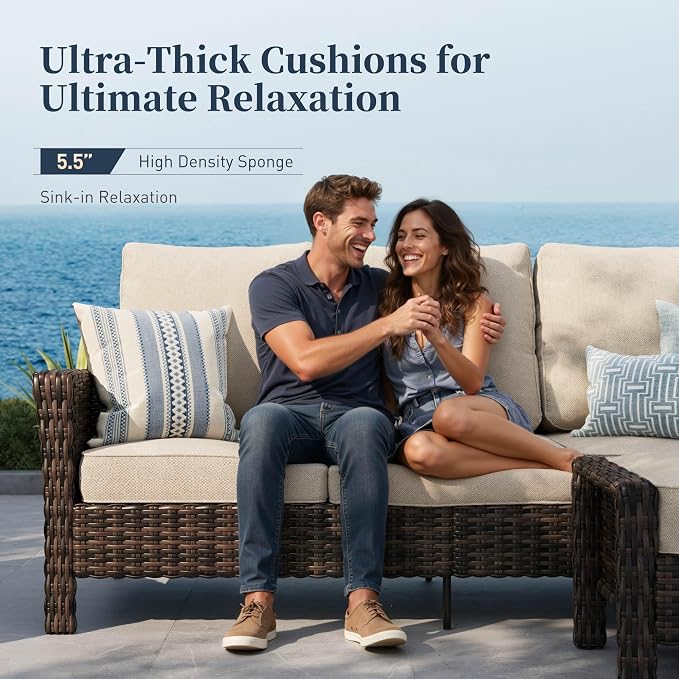 Patio Furniture Set with Swivel Chairs, High Back Wicker Rattan Furniture with 5.5" Thick Cushions & Fire Pit Table, All Weather Outdoor Conversation Set for Backyard Deck,4 Seats, Beige