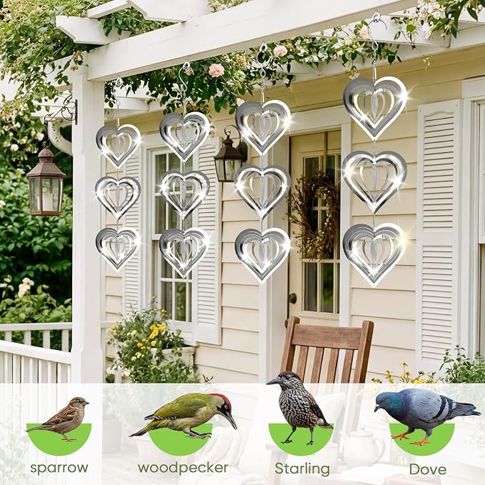 Reflective Wind Spinners for Outdoors, 12 PCS Stainless Steel Bird Control Discs with 360° Swivel Hooks, Humane 3D Hanging Ornament for Garden, Patio, Balcony & Orchard