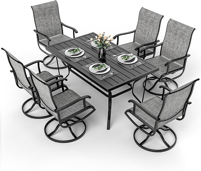 7-Piece Outdoor Dining Set, Patio Furniture Set with Textilene Swivel Chairs, Outdoor Table & 6 Chairs for Garden, Backyard, Poolside, Deck, Charcoal