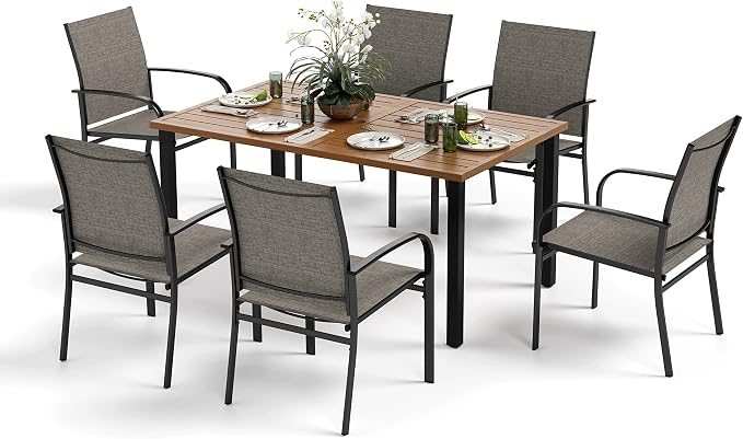 MIXPATIO Patio Table and Chairs Set, Outdoor Dining Set for 6 with Brown Chairs and Teak Color Tabletop Outdoor Dining Table, 7-Piece Patio Furniture Set for Deck Backyard Lawn